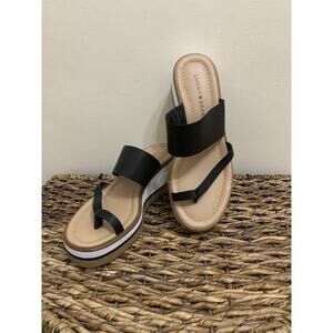 Lucky Brand Theda Leather Wedge Chunky Heel Sandals Black/White/Tan Size 8.5